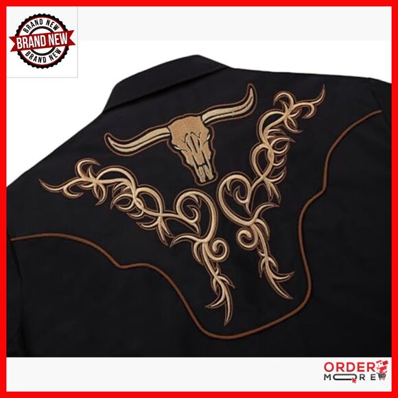 Men's Embroidered Bull Head Western Snap Button Shirt Long Sleeve Regular Fit - Picture 4 of 6